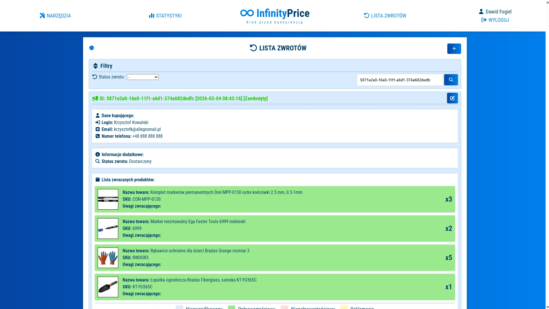 Silnik analityczny dla sprzedaży na Allegro — desktop