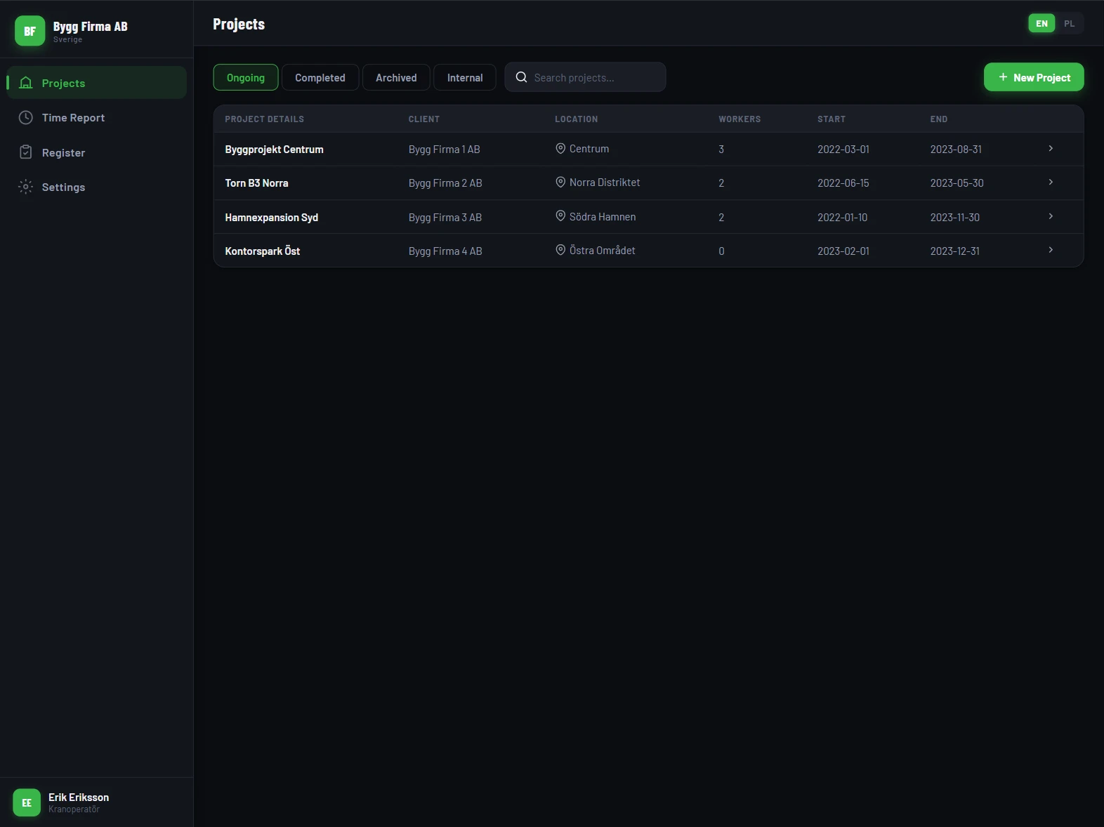 Aplikacja do raportowania godzin — tablet