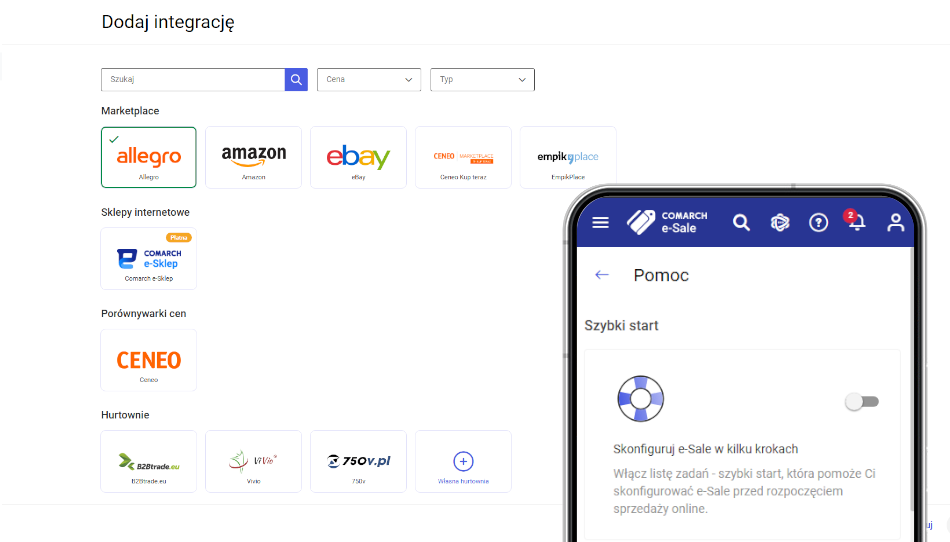Widoki 'Dodaj integracje' oraz 'Centrum Pomocy' w Comarch e-Sale